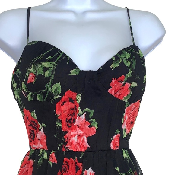 Crystal Dolls Maxi Dress Floral Tiered Black Red - Picture 3 of 12
